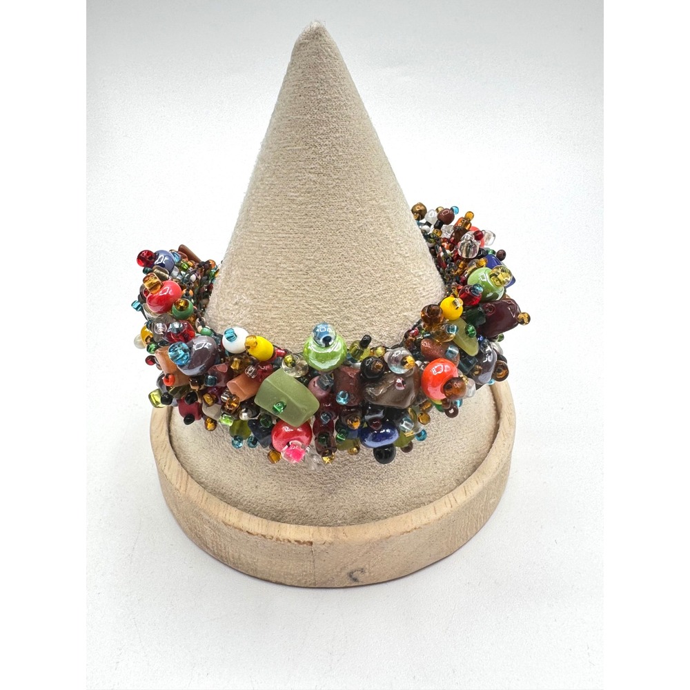Handmade Multi Color Glass Bead Stone Chip Chunky Cluster Statement Bracelet 8in